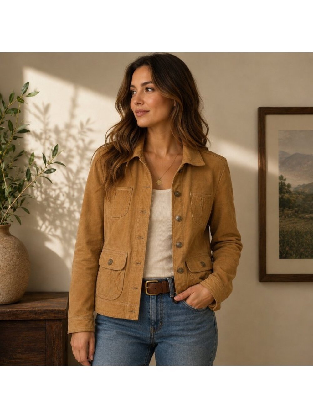 Banana Republic Genuine Suede Utility Jacket Tan Camel Size L